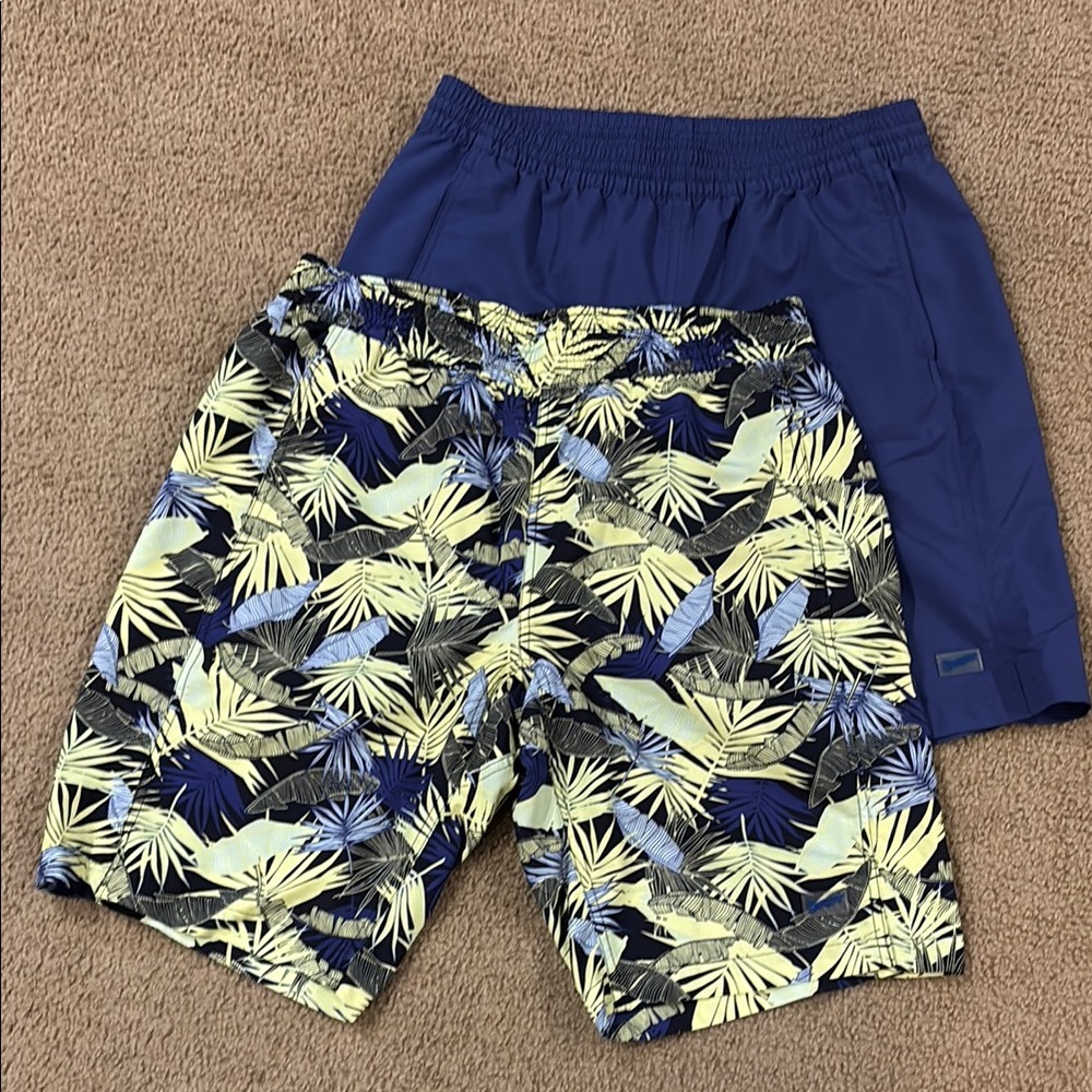 Duluth Trading Co Men's Palm Print Shorts, Blue and Yellow 2 pair bundle w/liner